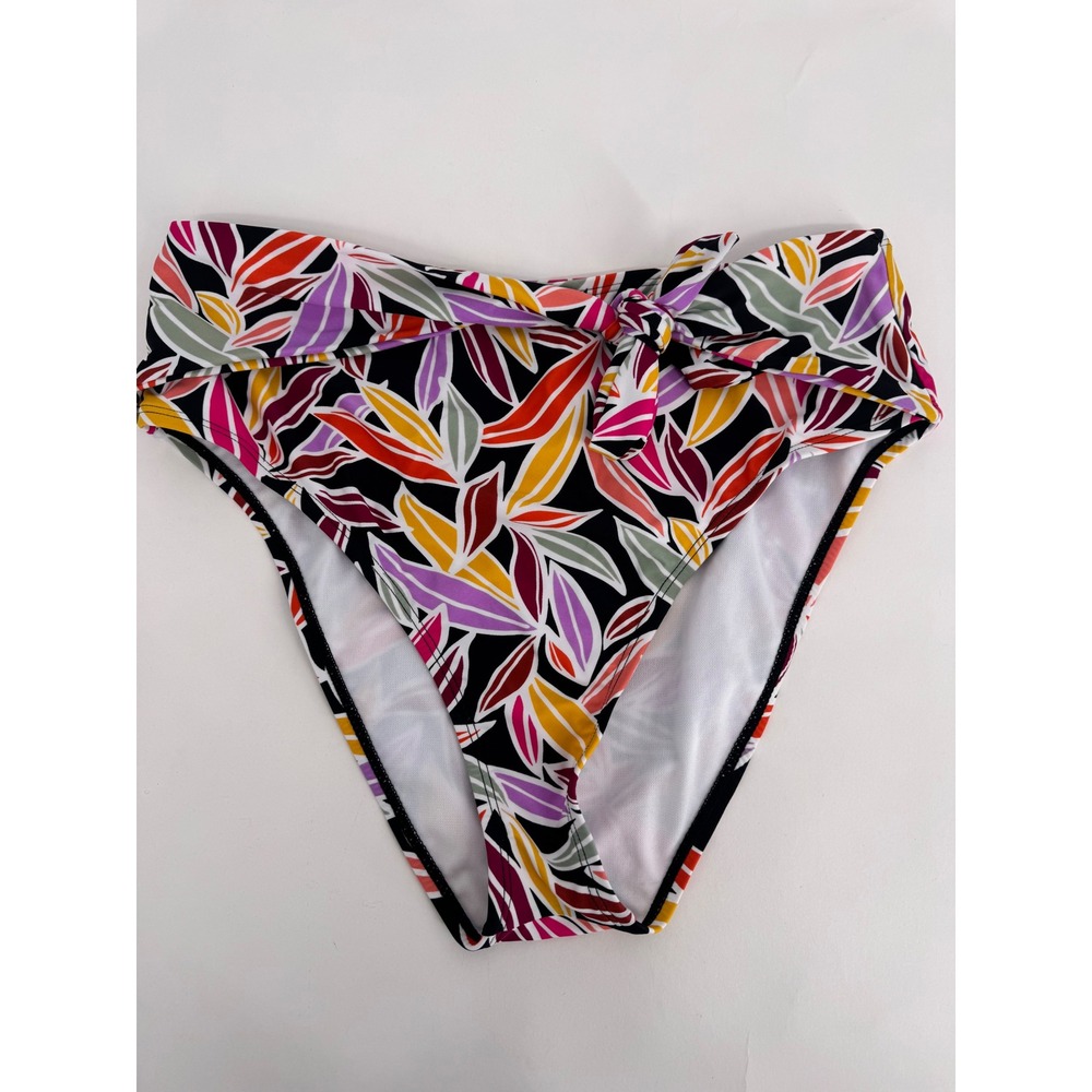 BCBG Paris Womens High‎ Waisted Bikini Bottom Leaf Print Multicolor Side Tie L